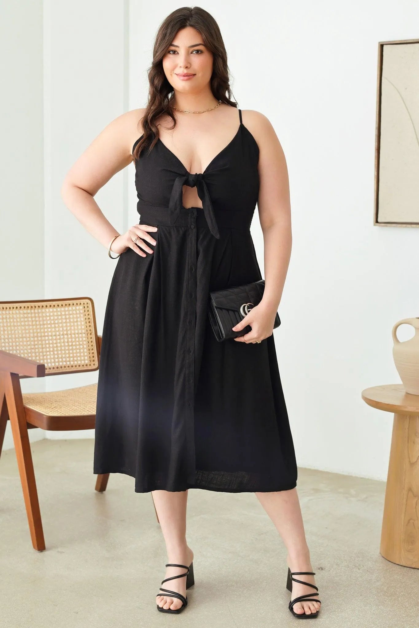 Plus Size Cut-Out Front Tie Smocked Sleeveless Midi Dress - Tasha Apparel Wholesale