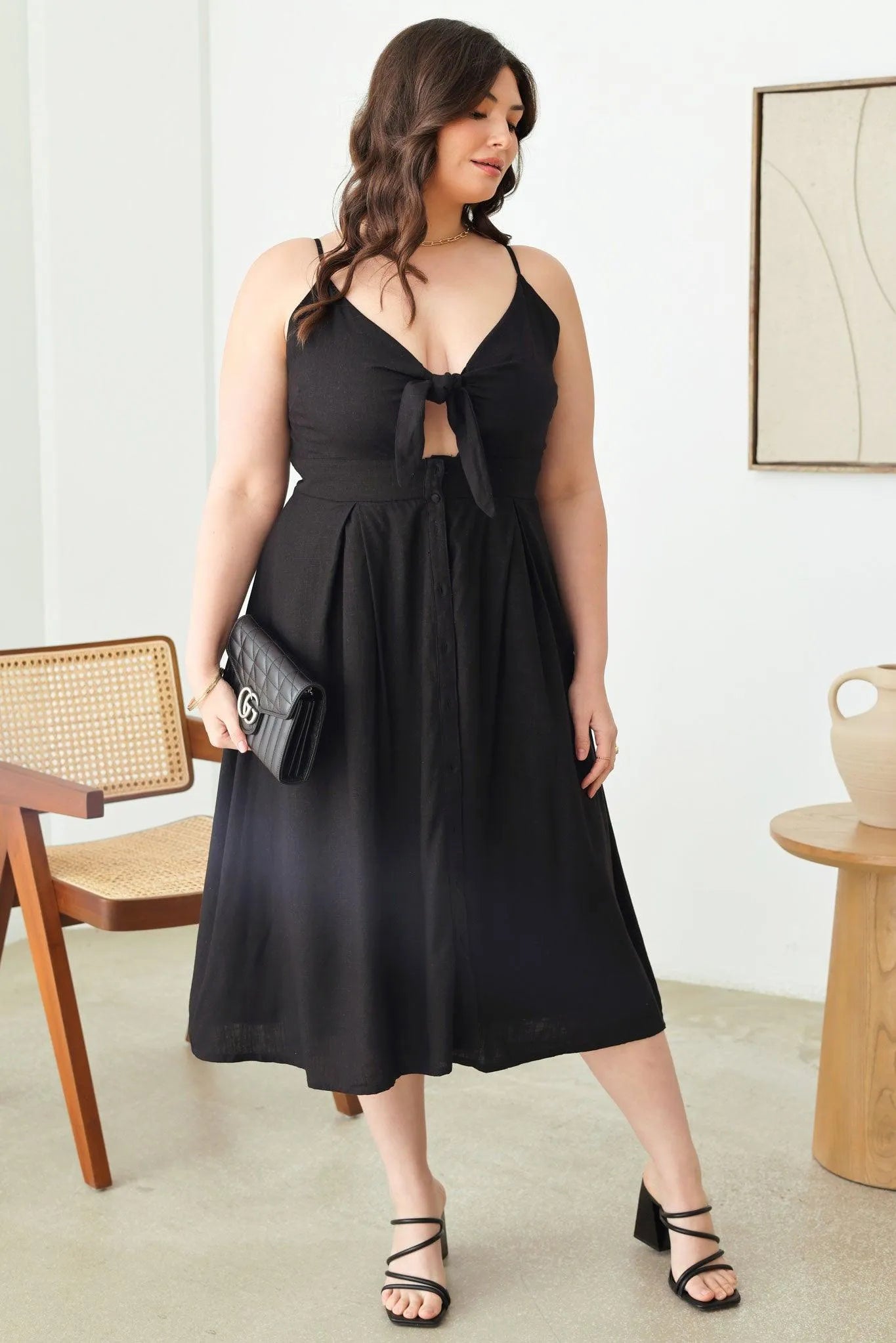 Plus Size Cut-Out Front Tie Smocked Sleeveless Midi Dress - Tasha Apparel Wholesale