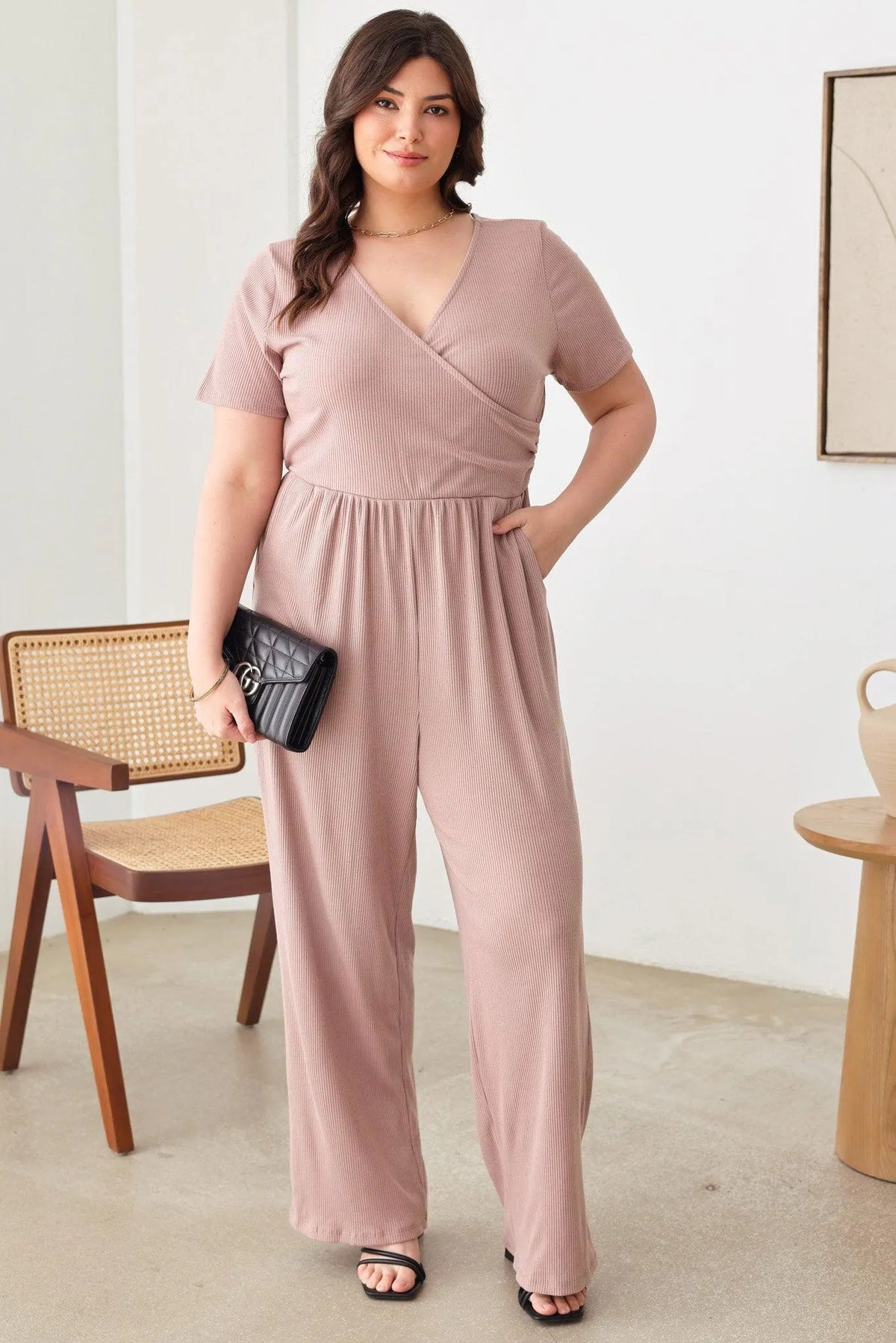 Plus Size Warp Bust Short Sleeve Ribbed Jumpsuit - Tasha Apparel Wholesale