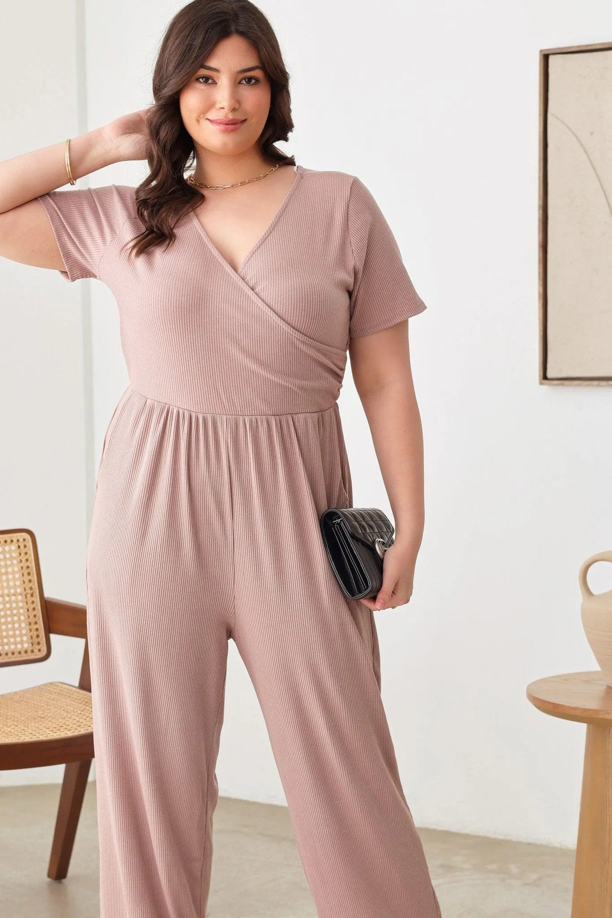 Plus Size Warp Bust Short Sleeve Ribbed Jumpsuit - Tasha Apparel Wholesale