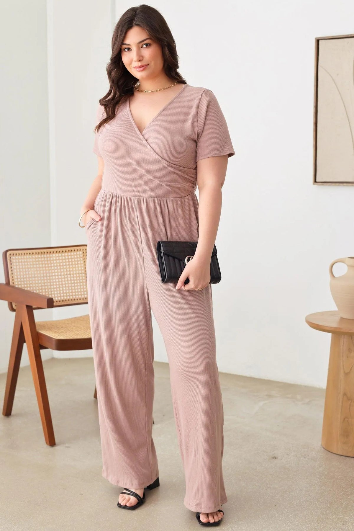 Plus Size Warp Bust Short Sleeve Ribbed Jumpsuit - Tasha Apparel Wholesale