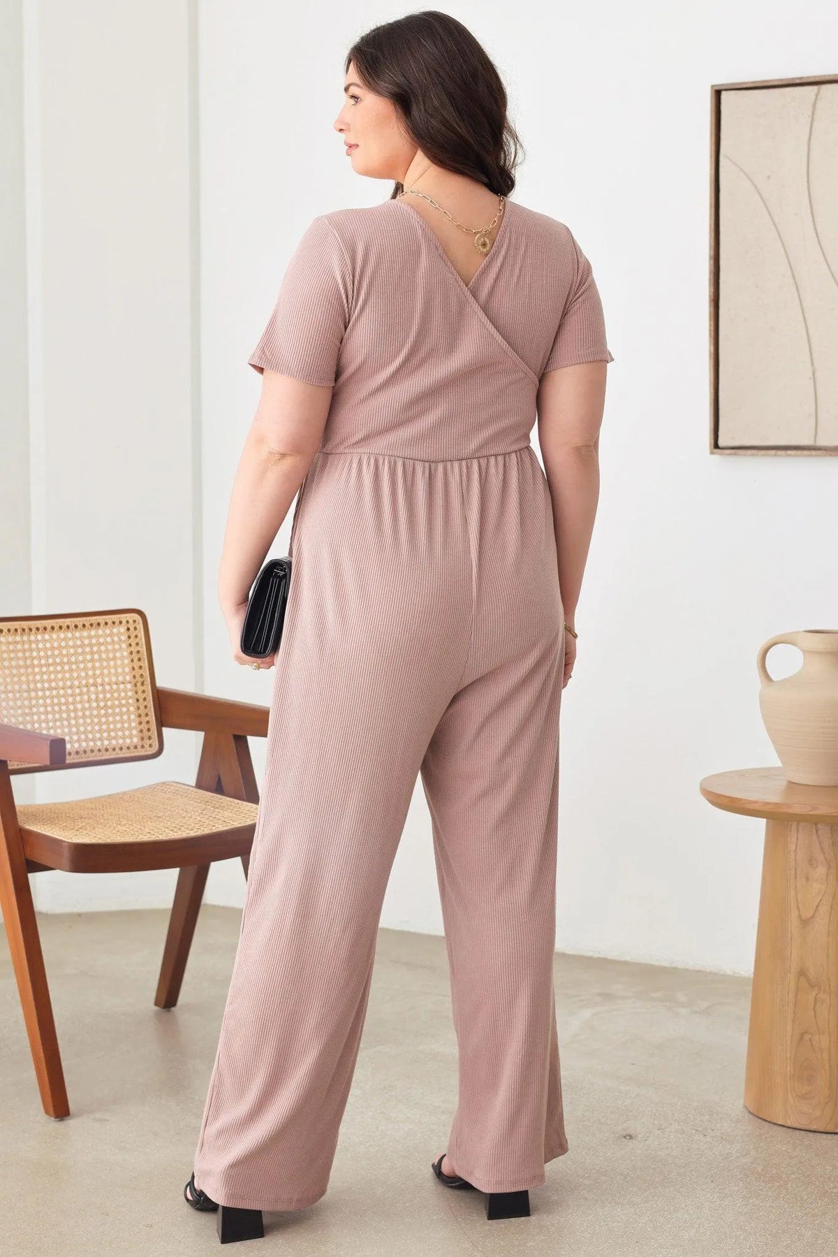 Plus Size Warp Bust Short Sleeve Ribbed Jumpsuit - Tasha Apparel Wholesale