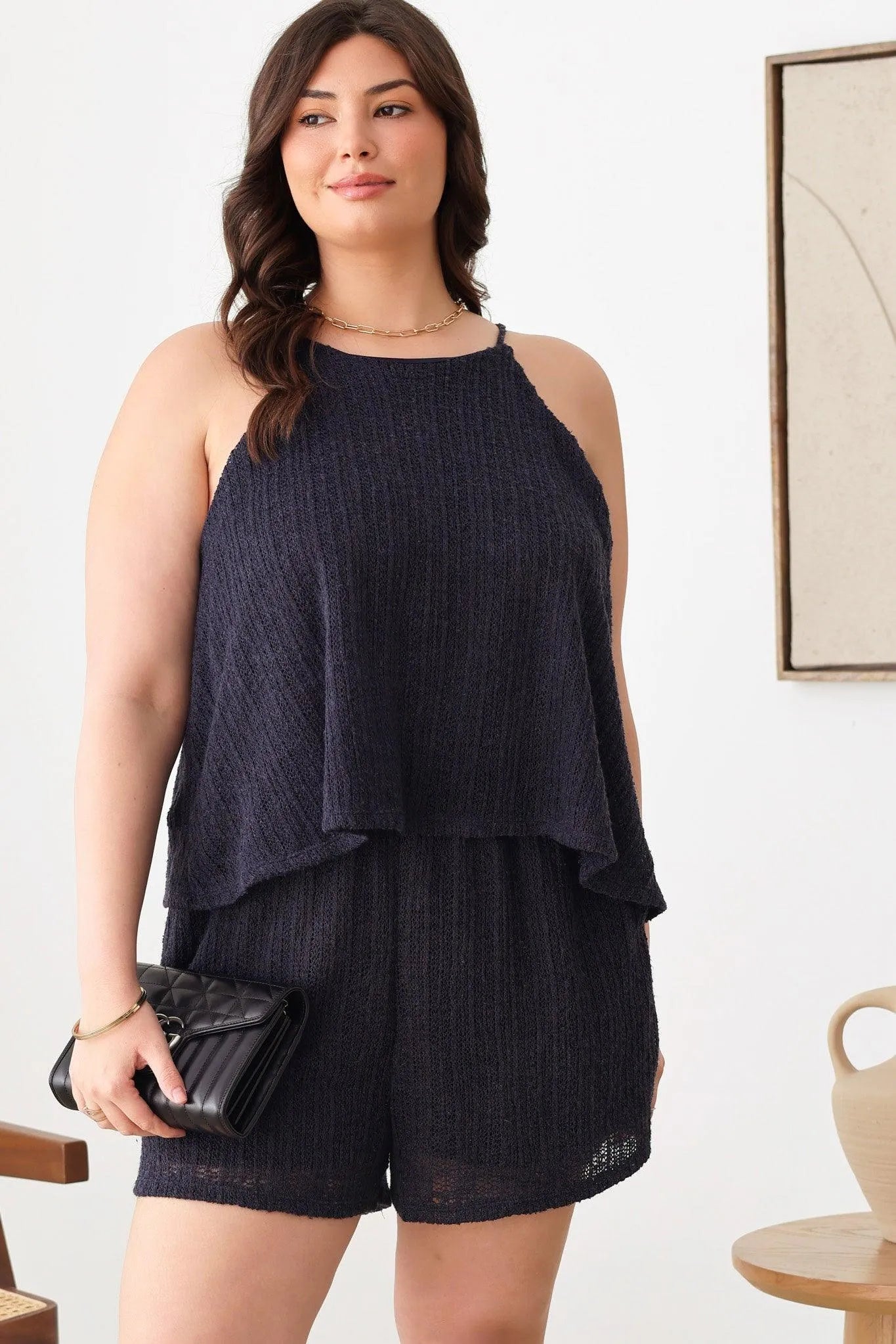 Plus Size Solid Knit Sleeveless Halter Neckline Two Pocket Romper - Tasha Apparel Wholesale