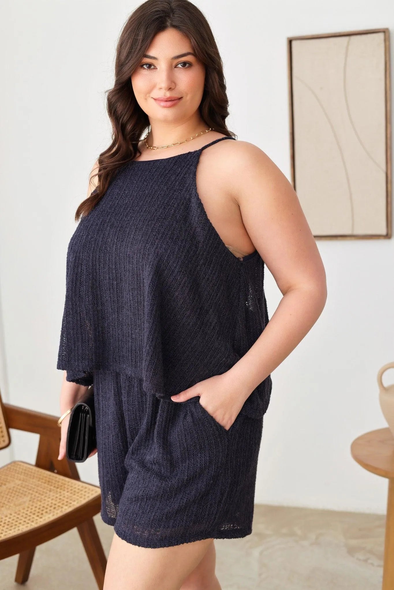 Plus Size Solid Knit Sleeveless Halter Neckline Two Pocket Romper - Tasha Apparel Wholesale