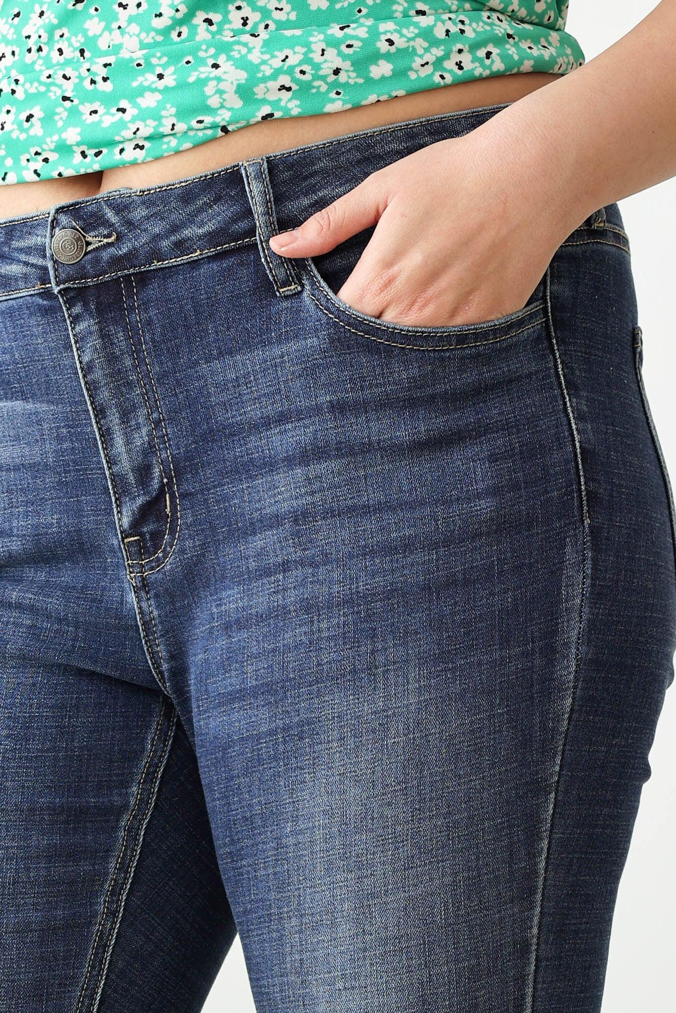 Plus Size Stretchy Destroyed Hem Front Pocket Denim Pants - Tasha Apparel Wholesale