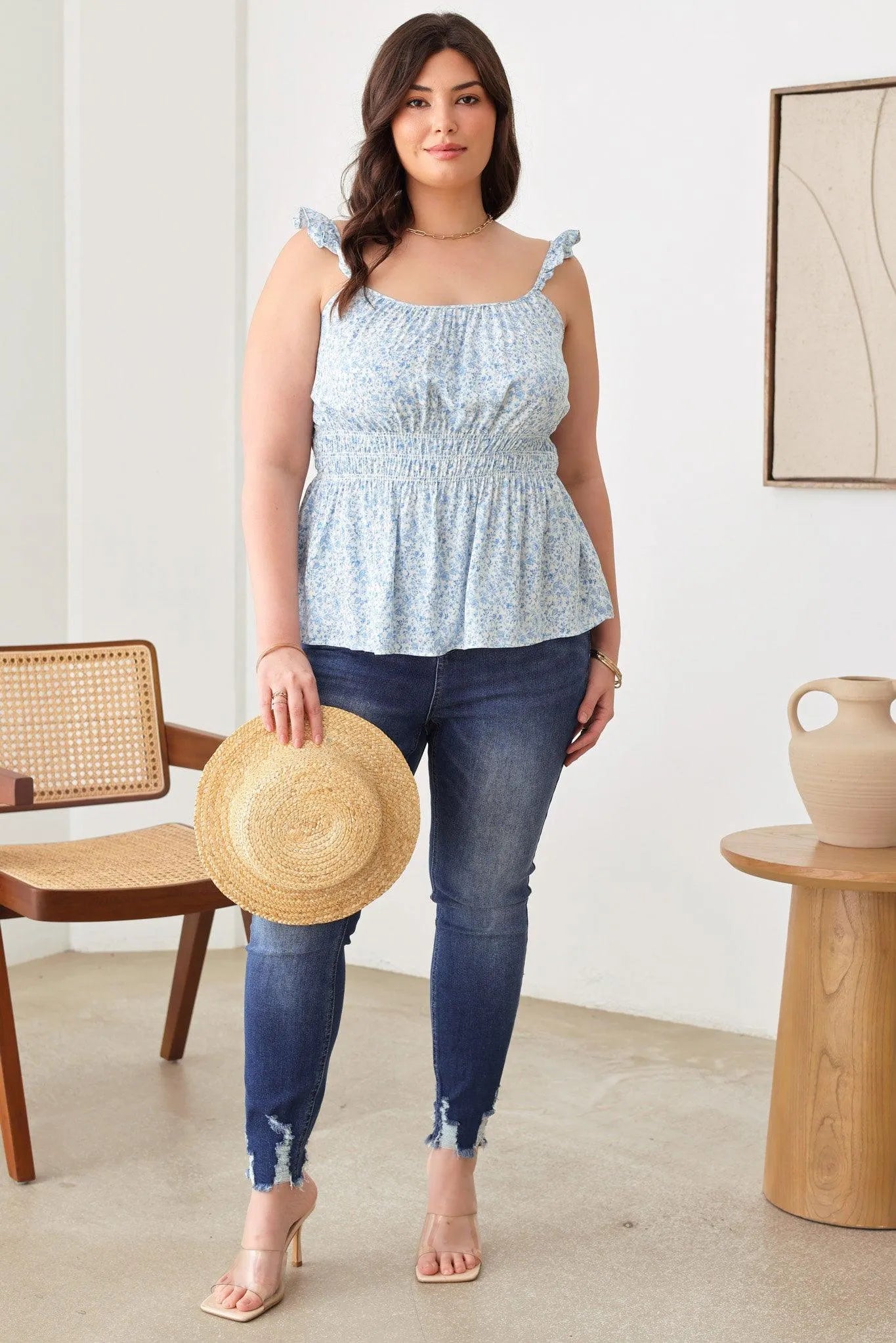 Plus Size Boho Ditsy Ruffle Shoulder Strap Tank Top - Tasha Apparel Wholesale