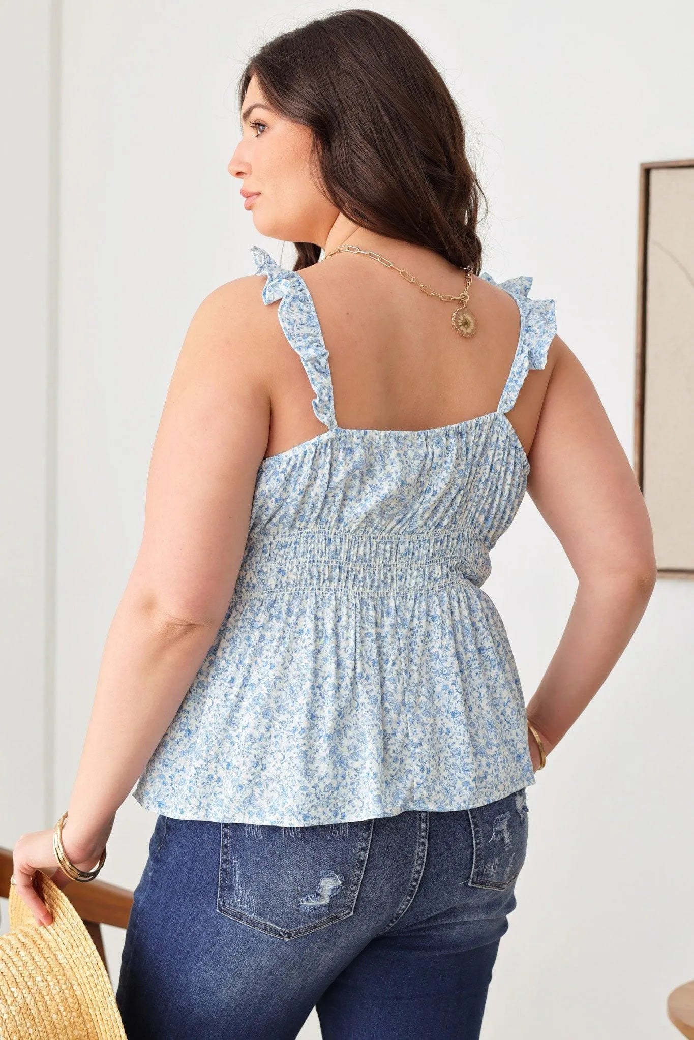 Plus Size Boho Ditsy Ruffle Shoulder Strap Tank Top - Tasha Apparel Wholesale