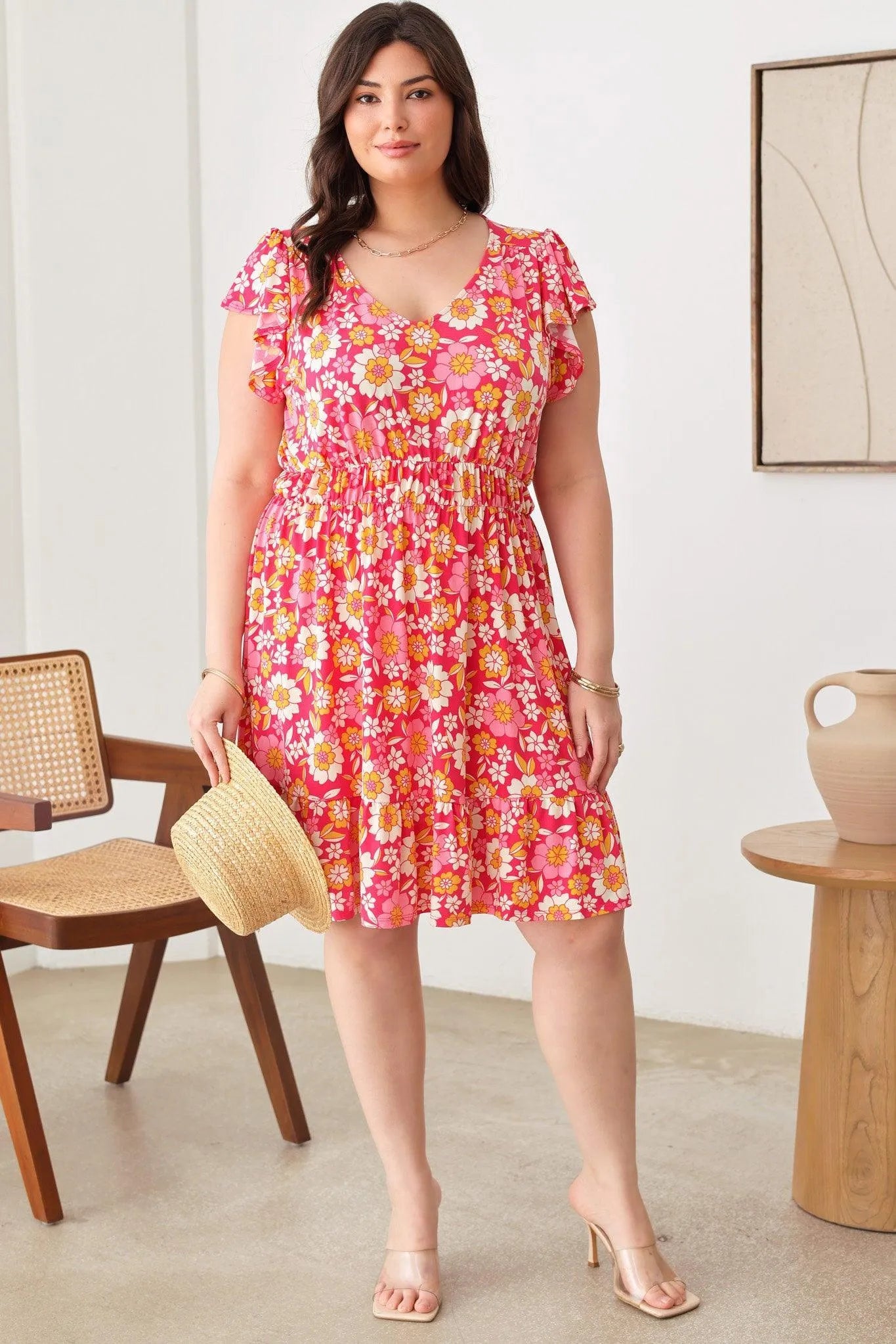 Floral Print Ruffle Cap Sleeves Babydoll Mini Dress - Tasha Apparel Wholesale