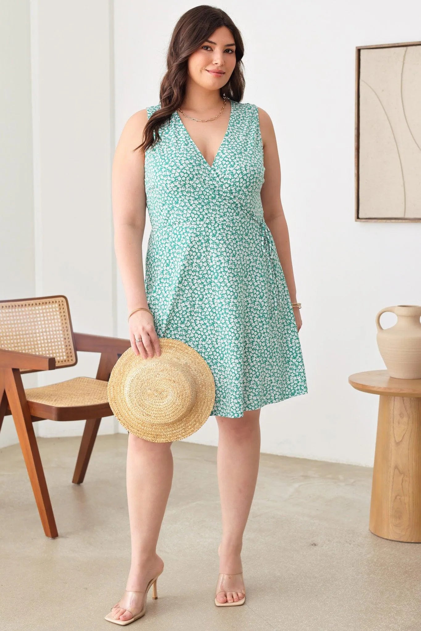 Floral Warp Sleeveless Knee Length Plus Size Dress - Tasha Apparel Wholesale