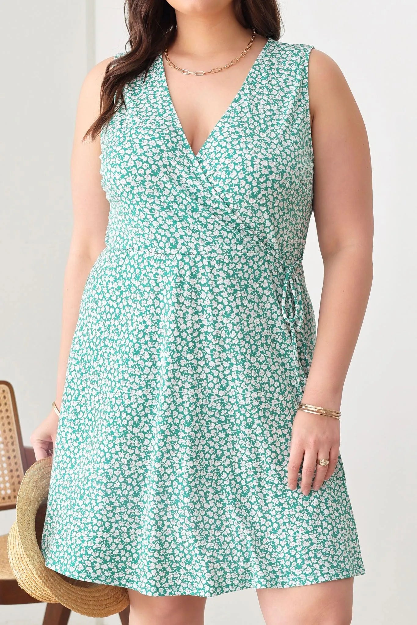 Floral Warp Sleeveless Knee Length Plus Size Dress - Tasha Apparel Wholesale