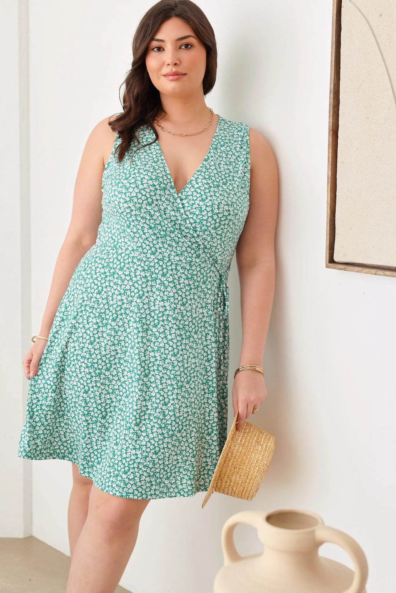 Floral Warp Sleeveless Knee Length Plus Size Dress - Tasha Apparel Wholesale