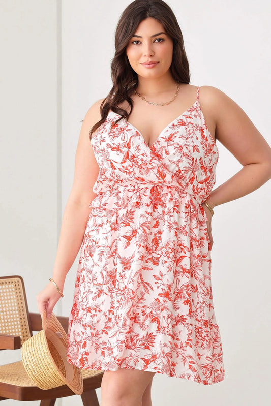 Plus Size Floral Warp Bust Ruffle Waist Ruffle Silhouette V-Neck Mini Dresses - Tasha Apparel Wholesale