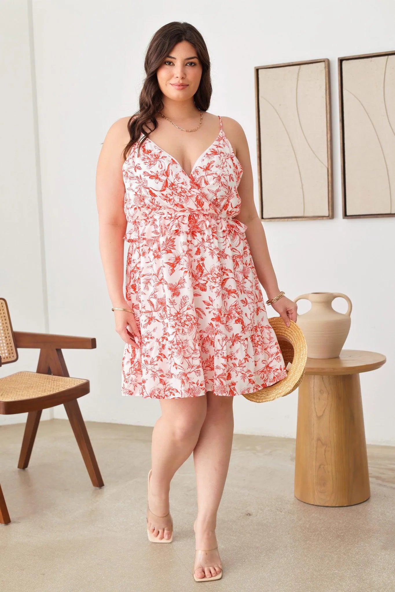 Plus Size Floral Warp Bust Ruffle Waist Ruffle Silhouette V-Neck Mini Dresses - Tasha Apparel Wholesale