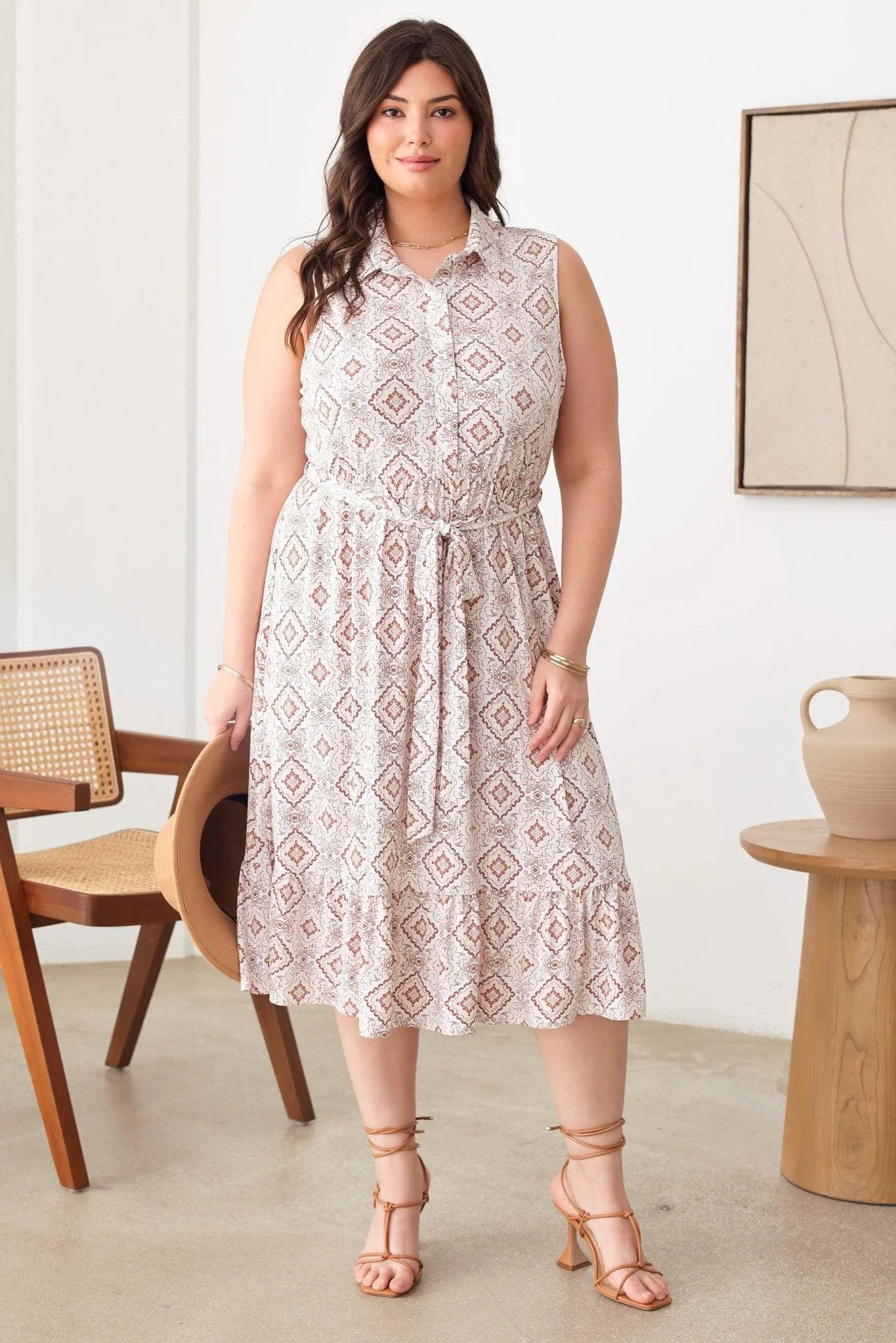 Plus Size Paisley Print Collar Neckline Buttoned Front Belt Midi Dresses - Tasha Apparel Wholesale