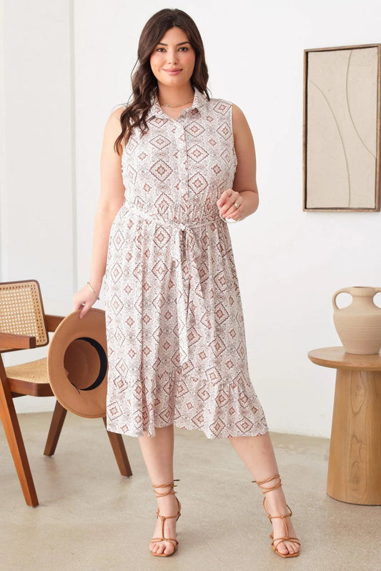 Plus Size Paisley Print Collar Neckline Buttoned Front Belt Midi Dresses - Tasha Apparel Wholesale