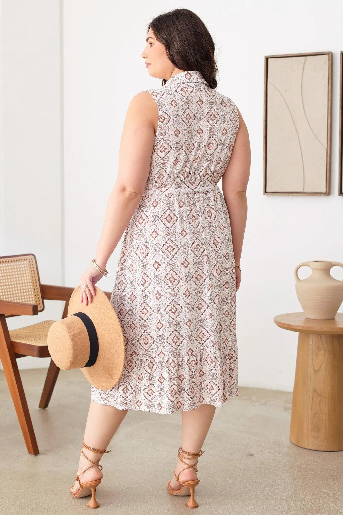 Plus Size Paisley Print Collar Neckline Buttoned Front Belt Midi Dresses - Tasha Apparel Wholesale