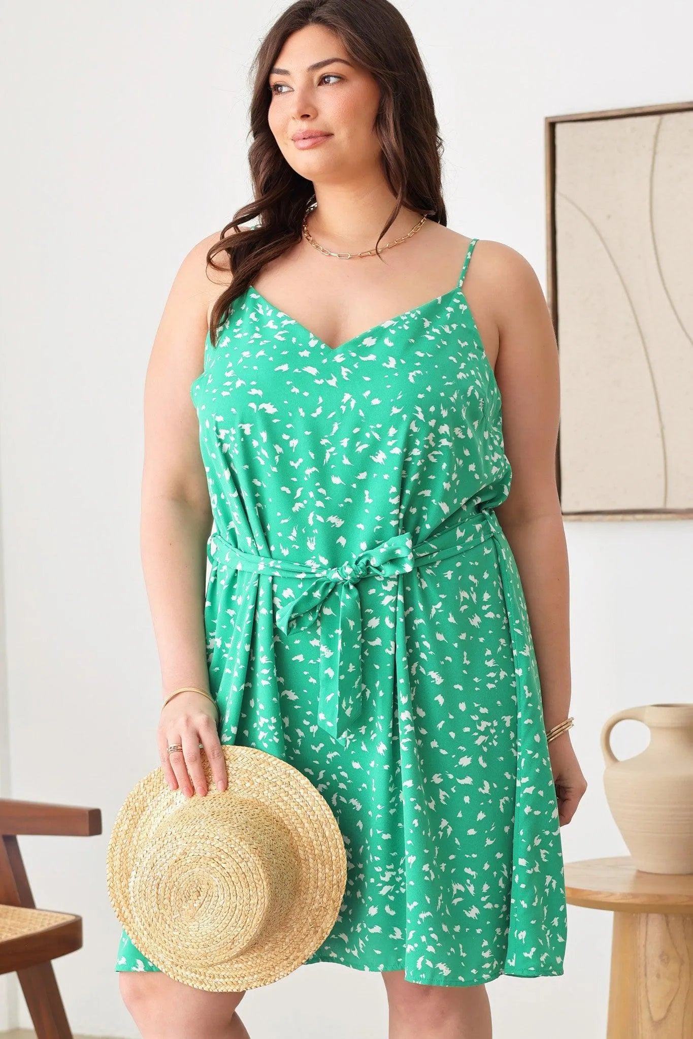 Plus Size Sleeveless Waist Tie Ditsy Print Midi Dress - Tasha Apparel Wholesale