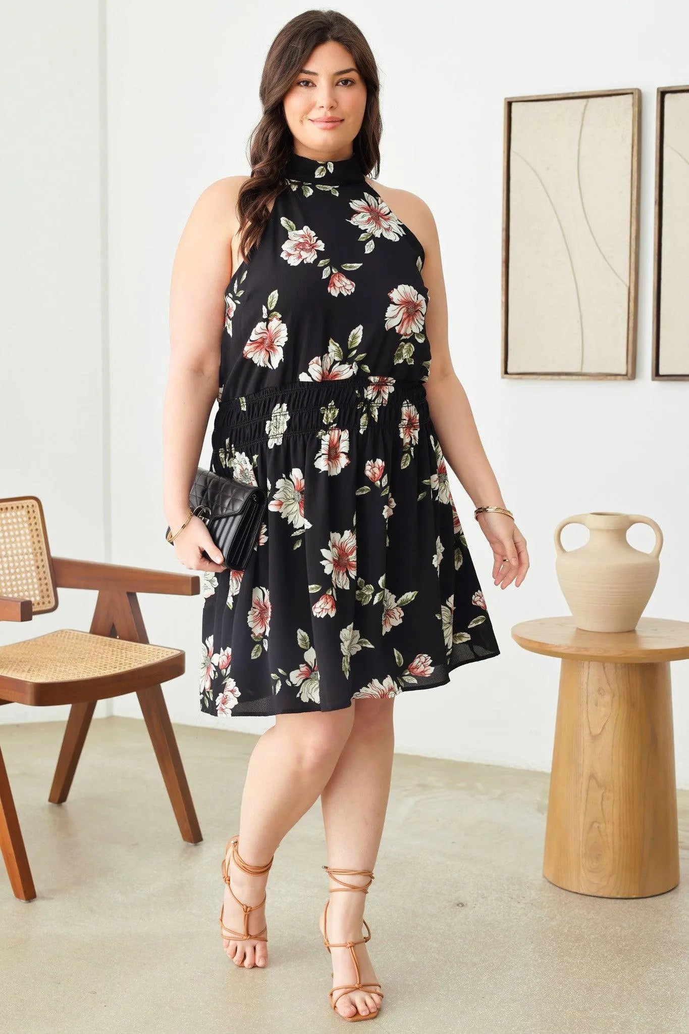 Plus Size Floral Print Knee Length Sleeveless Halter Dress Plus Size Floral Print Knee Length Sleeveless Halter Dress