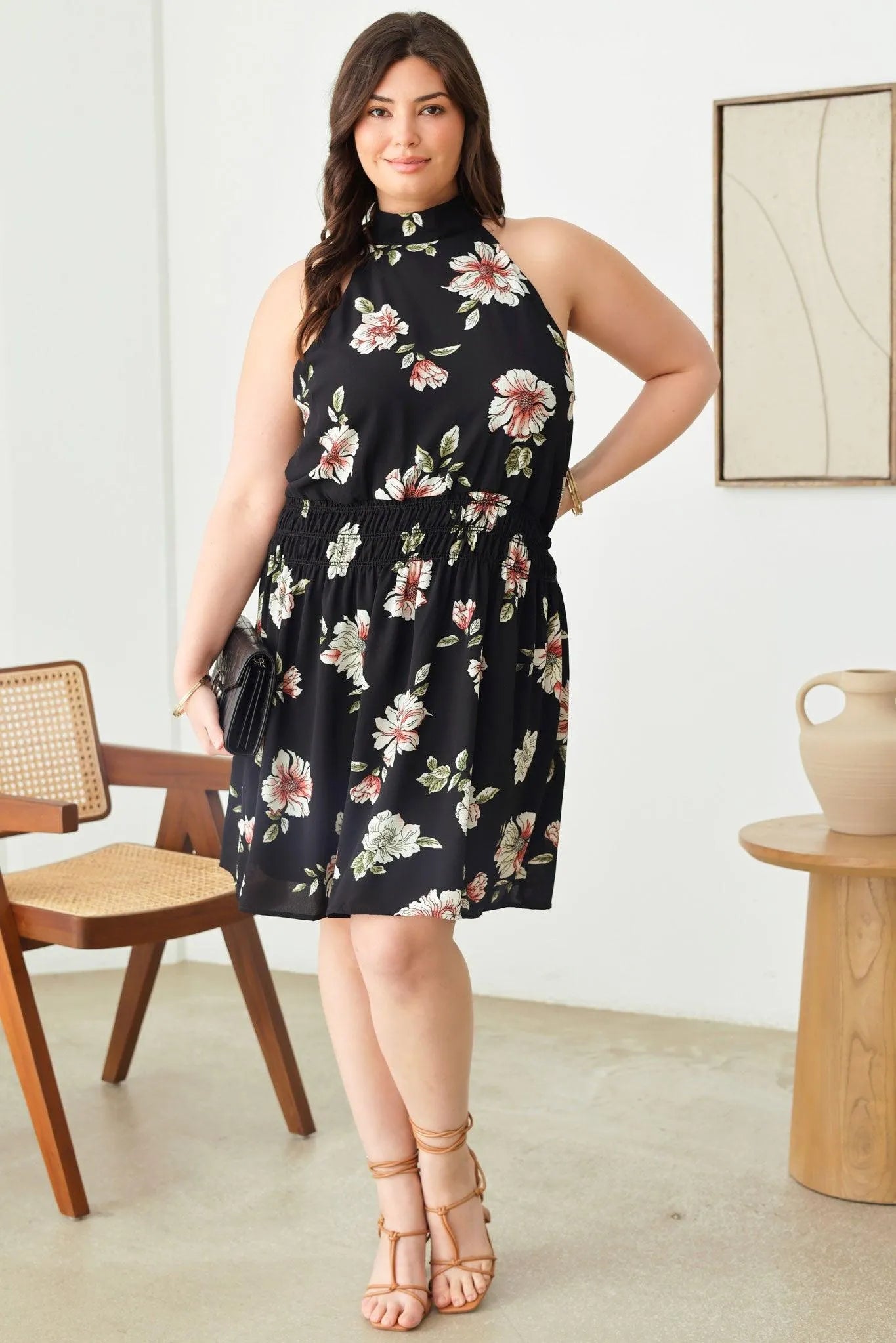 Plus Size Floral Print Knee Length Sleeveless Halter Dress - Tasha Apparel Wholesale