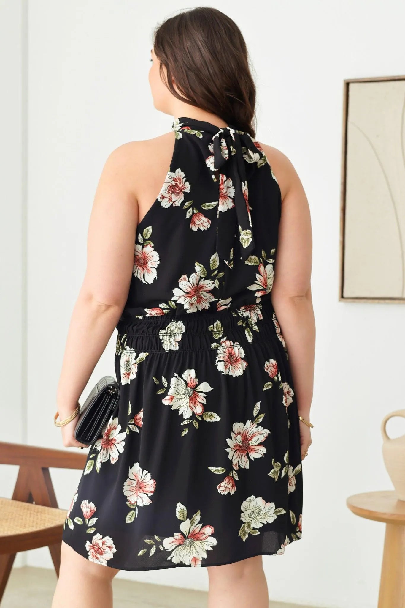 Plus Size Floral Print Knee Length Sleeveless Halter Dress - Tasha Apparel Wholesale