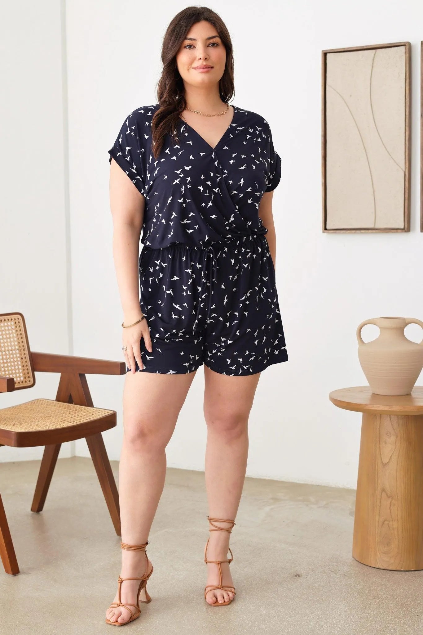 Plus Size Birds Print Short Sleeve Adjustable Belt Warp Romper - Tasha Apparel Wholesale