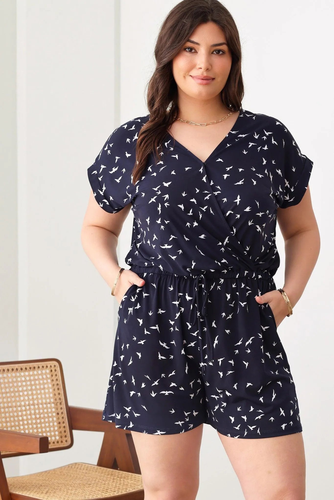Plus Size Birds Print Short Sleeve Adjustable Belt Warp Romper - Tasha Apparel Wholesale