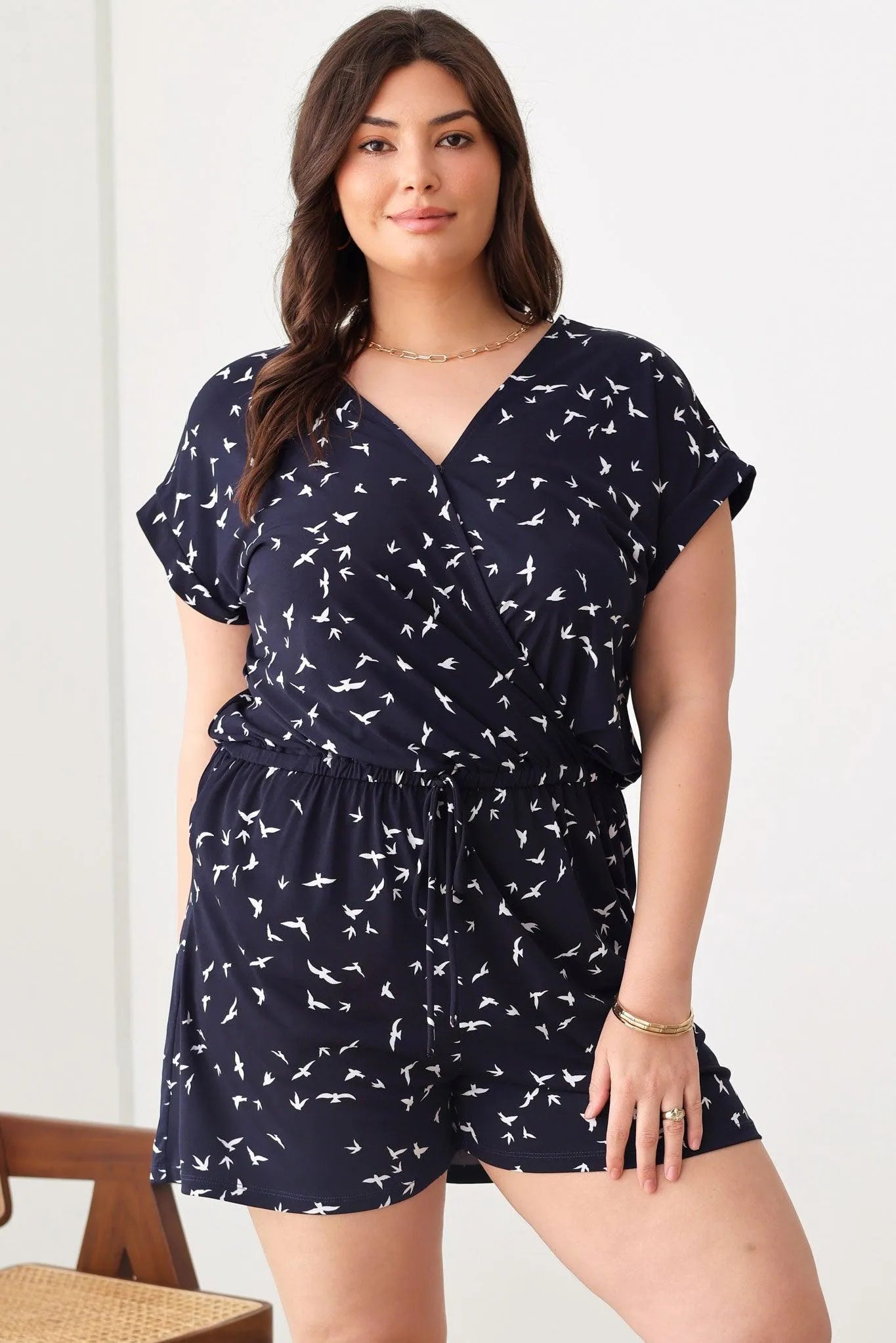Plus Size Birds Print Short Sleeve Adjustable Belt Warp Romper - Tasha Apparel Wholesale