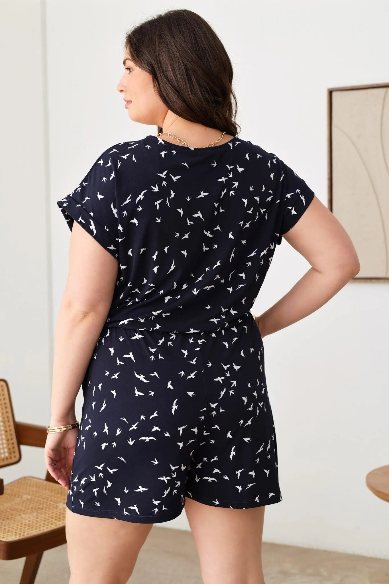 Plus Size Birds Print Short Sleeve Adjustable Belt Warp Romper - Tasha Apparel Wholesale