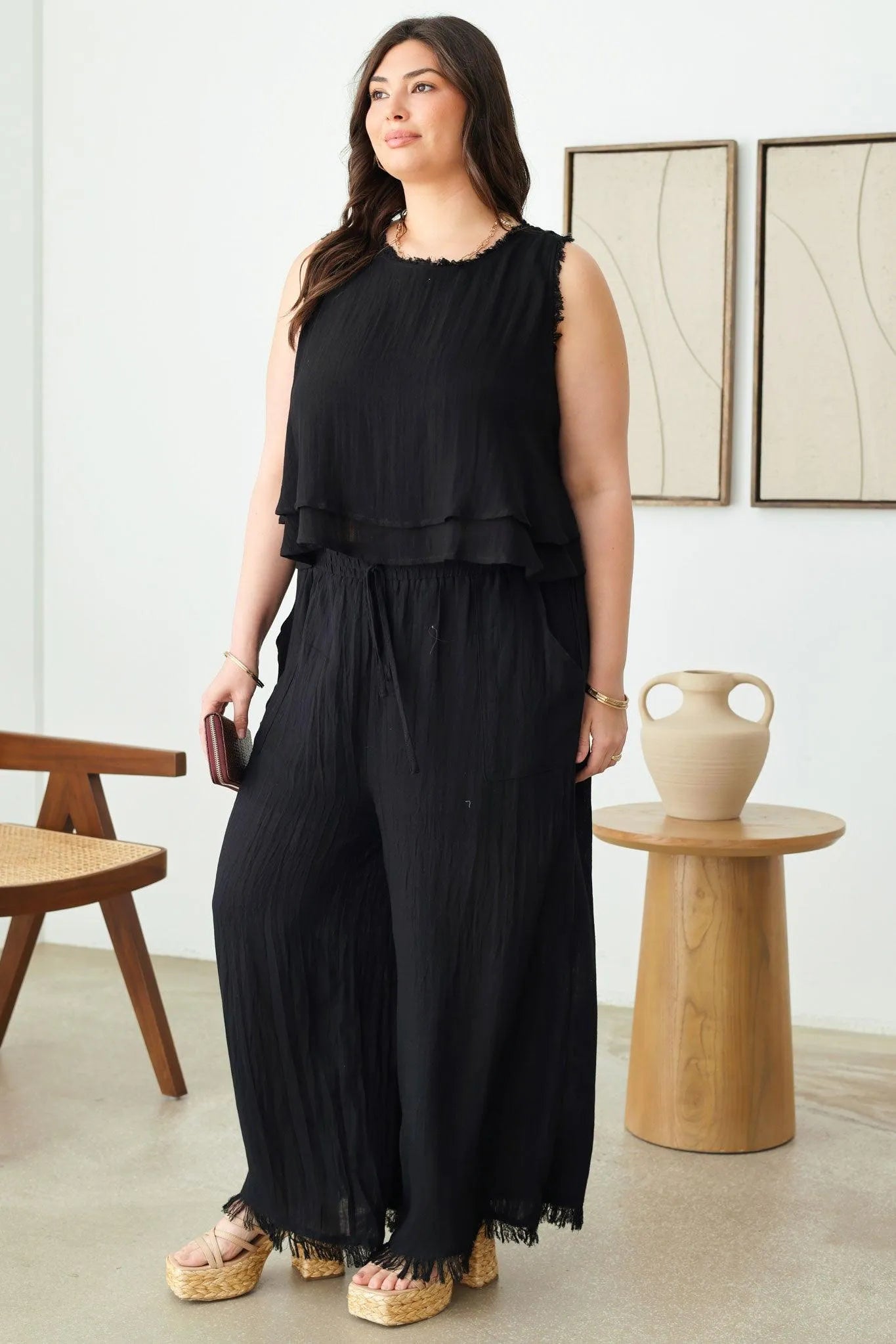 Plus Size Boho Sleeveless Frayed Hem Top - Tasha Apparel Wholesale