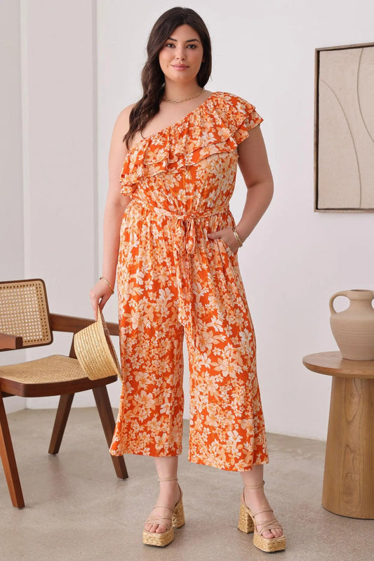 Plus Size Floral One Ruffle Short Sleeve Front Tie Wide Leg Jumpsit - Tasha Apparel Wholesale