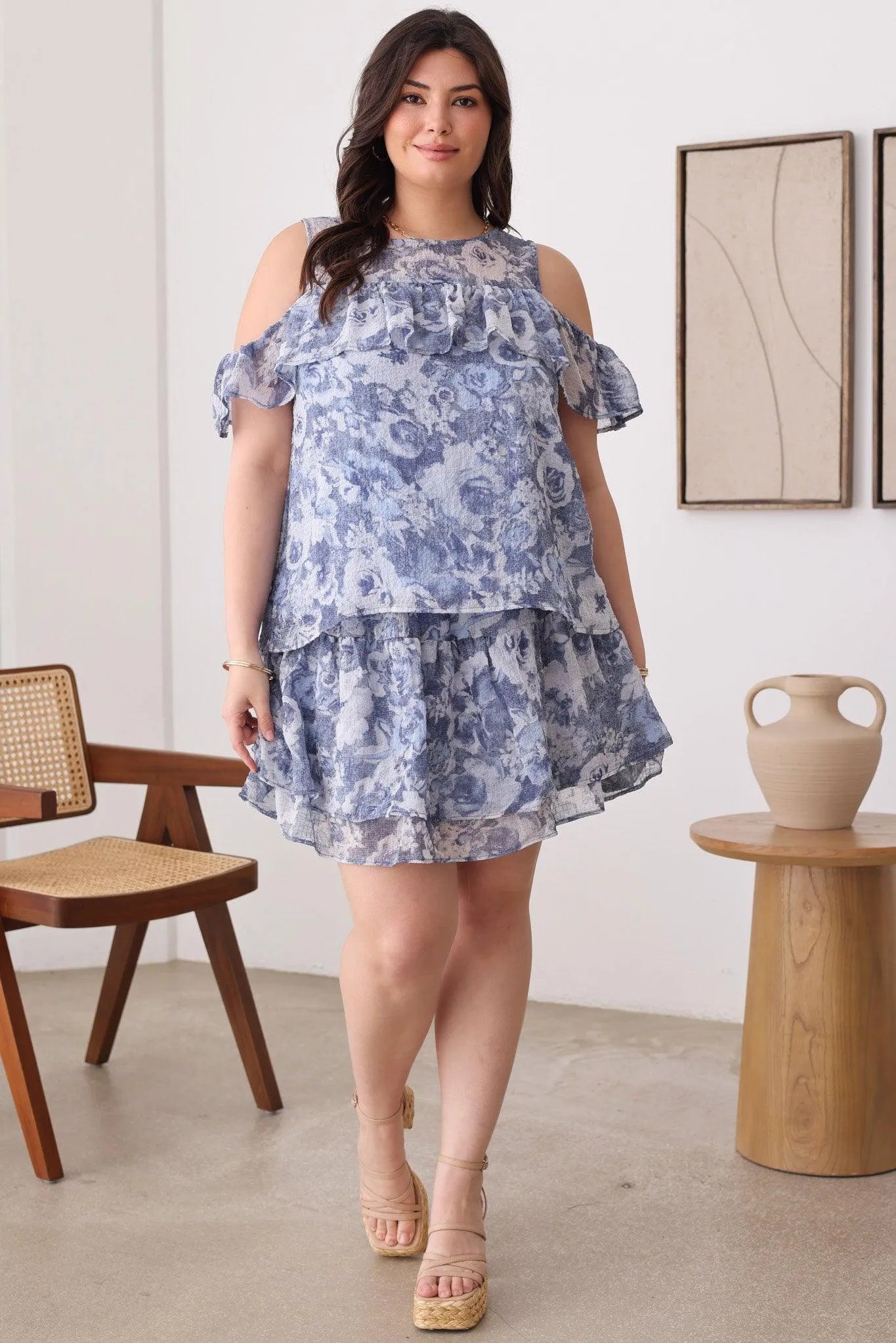 Plus Size Ruffle Sleeve Cold Shoulder Floral Print Mini Skirt Sets - Tasha Apparel Wholesale