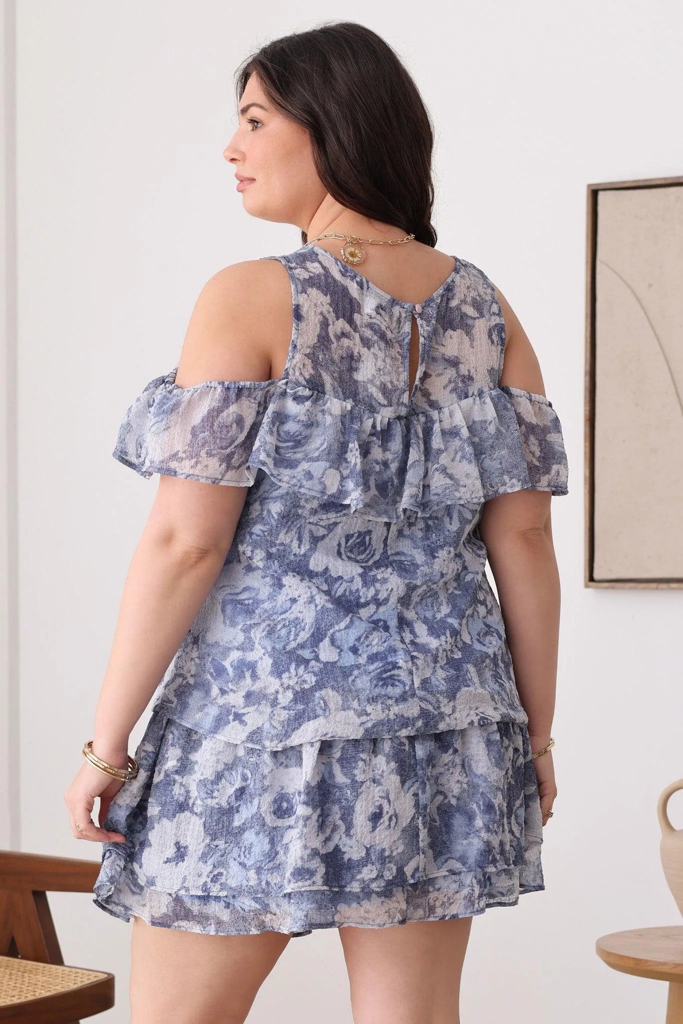Plus Size Ruffle Sleeve Cold Shoulder Floral Print Mini Skirt Sets - Tasha Apparel Wholesale