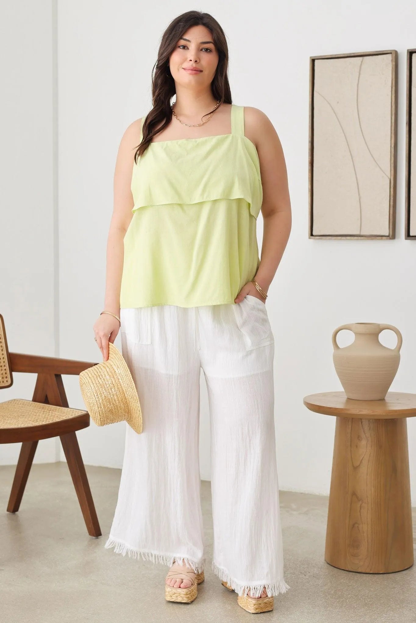 Plus Size Sleeveless Back Tie Ruffle Bust A-Line Silhouette Top - Tasha Apparel Wholesale