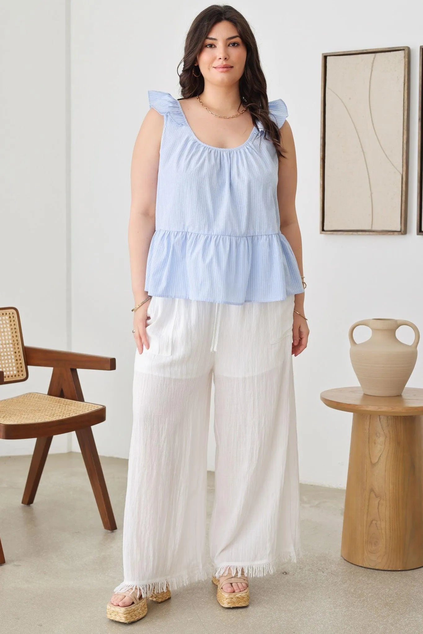 Plus Size Boho Striped Ruffle Shoulder Hemline Top - Tasha Apparel Wholesale