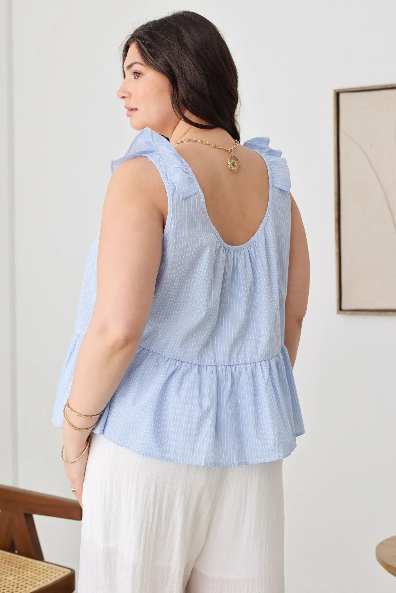 Plus Size Boho Striped Ruffle Shoulder Hemline Top - Tasha Apparel Wholesale