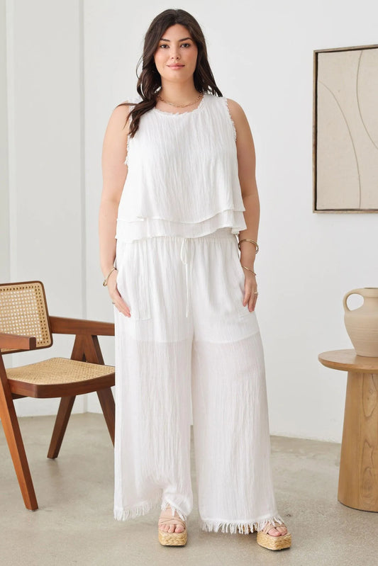 Plus Size Frayed Hem Silhouette Neckline Top & Pants Set - Tasha Apparel Wholesale