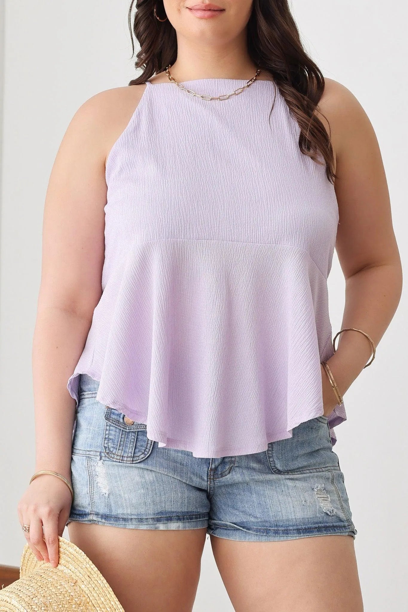 Plus Size Solid Halter Neckline Ruffle Asymmetric Tie Top - Tasha Apparel Wholesale