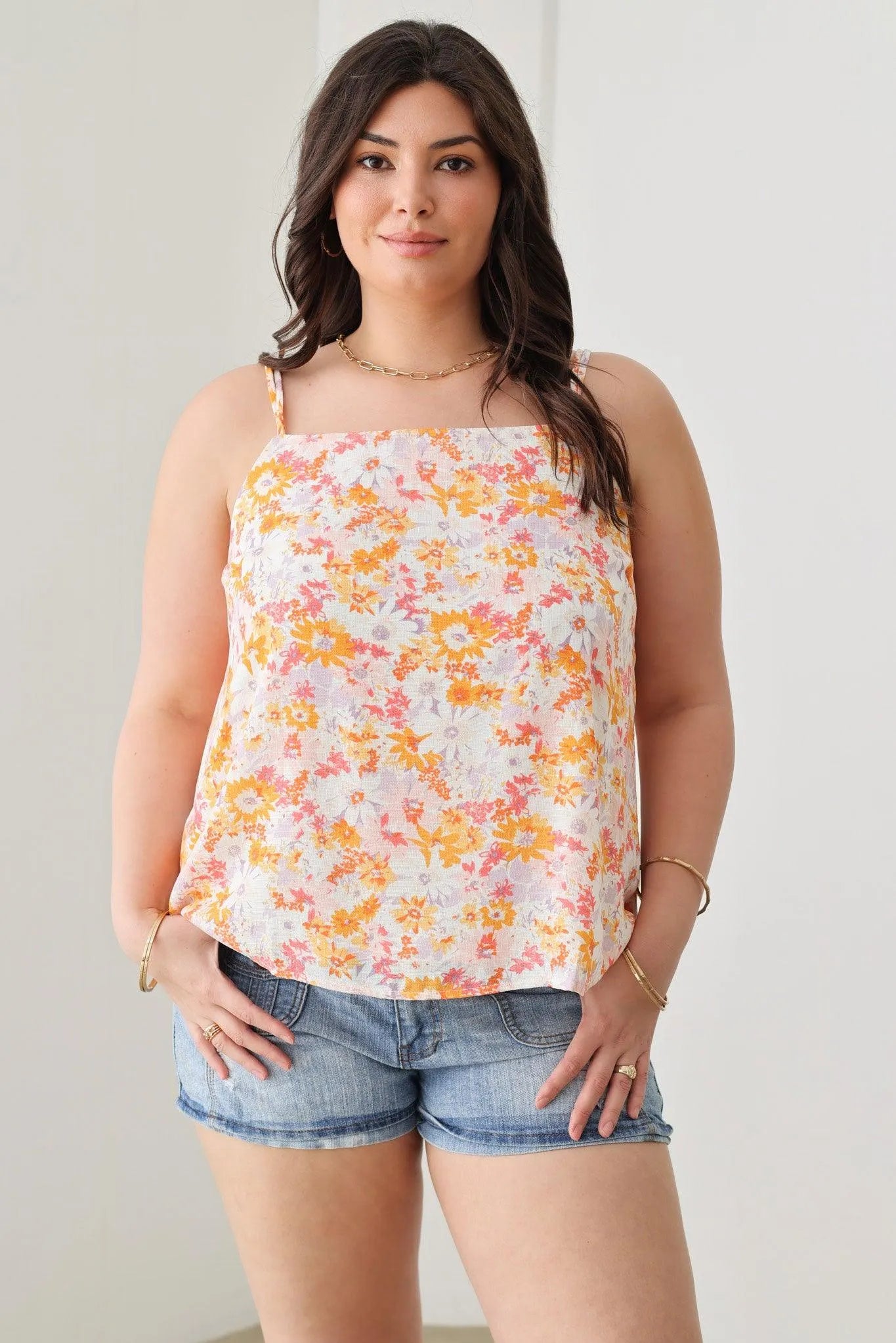 Floral Print Double Adjustable Strap Plus Size Top - Tasha Apparel Wholesale