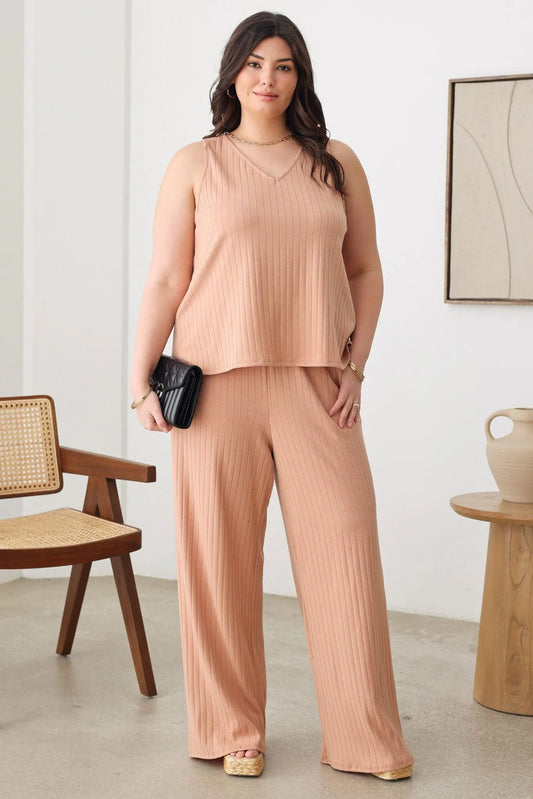 Plus Size Ribbed V-Neck Top & Side Pocket Pants Set - Tasha Apparel Wholesale