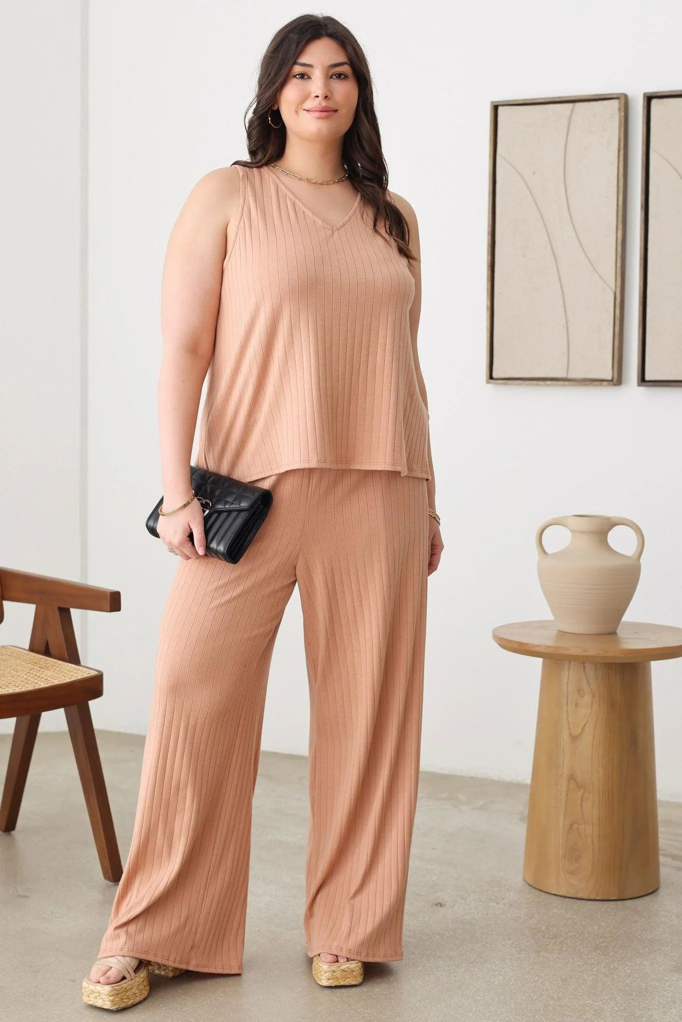 Plus Size Ribbed V-Neck Top & Side Pocket Pants Set - Tasha Apparel Wholesale
