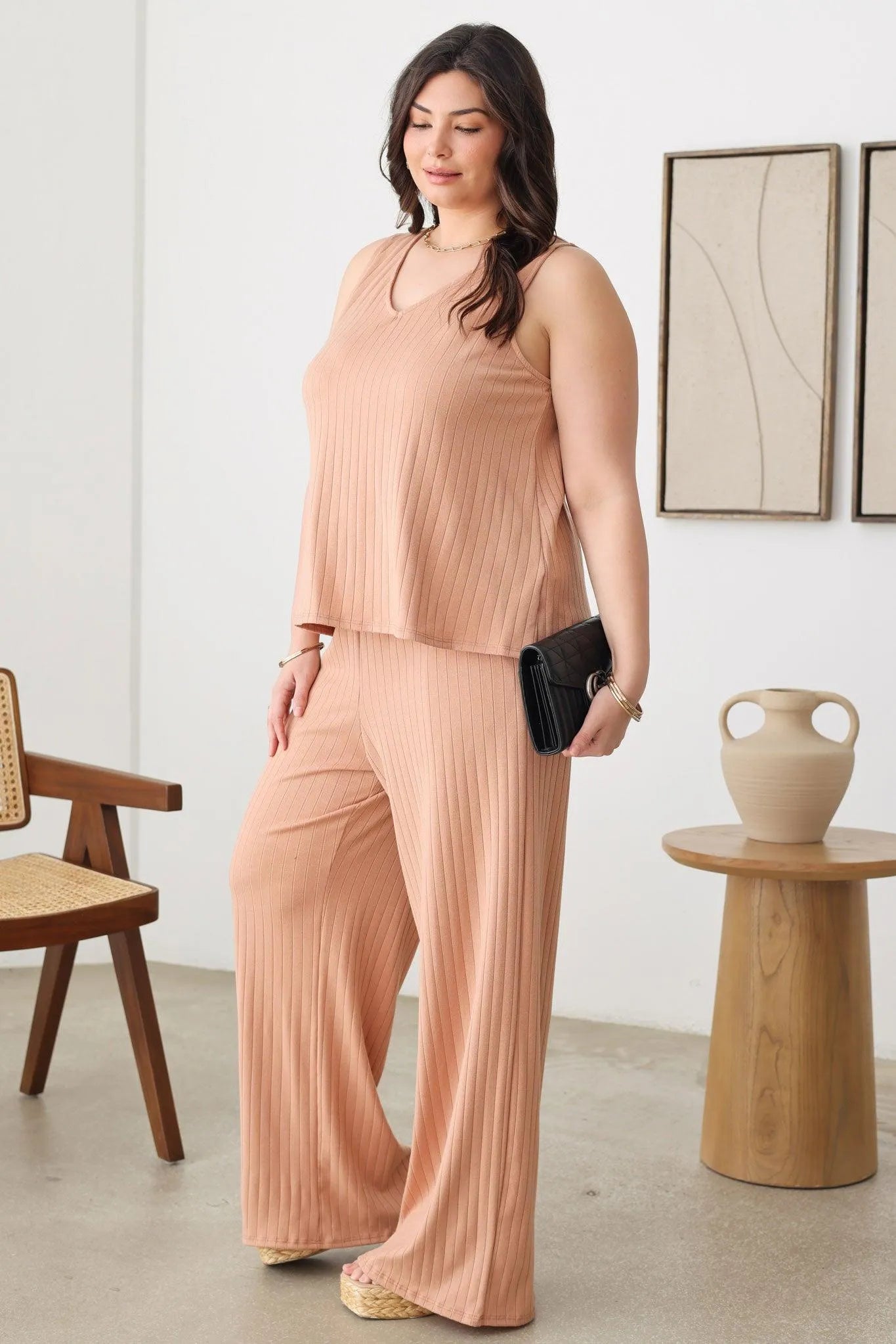 Plus Size Ribbed V-Neck Top & Side Pocket Pants Set - Tasha Apparel Wholesale