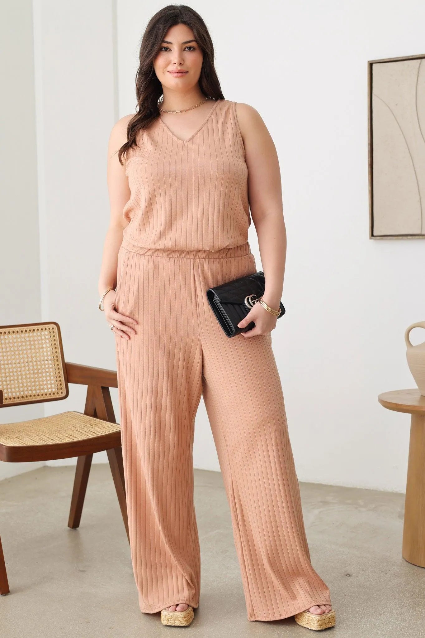 Plus Size Ribbed V-Neck Top & Side Pocket Pants Set - Tasha Apparel Wholesale