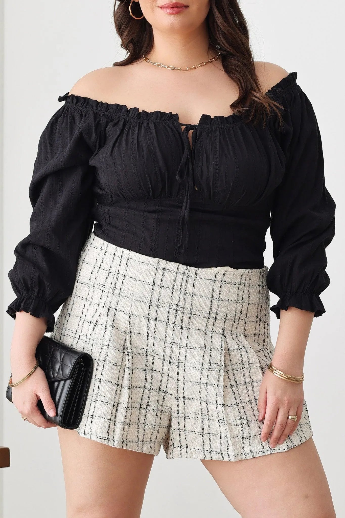 Plus Size Pleated Tweed High Waist Side Zipper Short - Tasha Apparel Wholesale