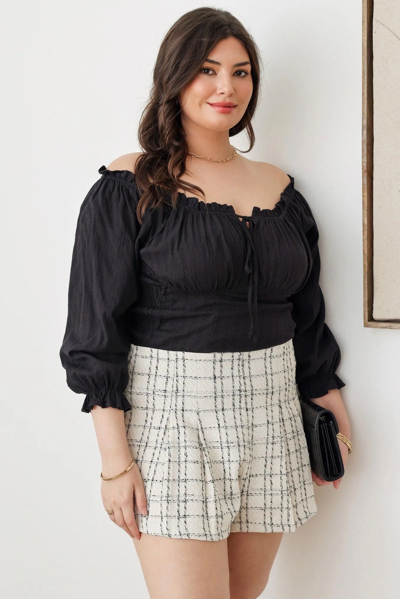 Plus Size Pleated Tweed High Waist Side Zipper Short - Tasha Apparel Wholesale