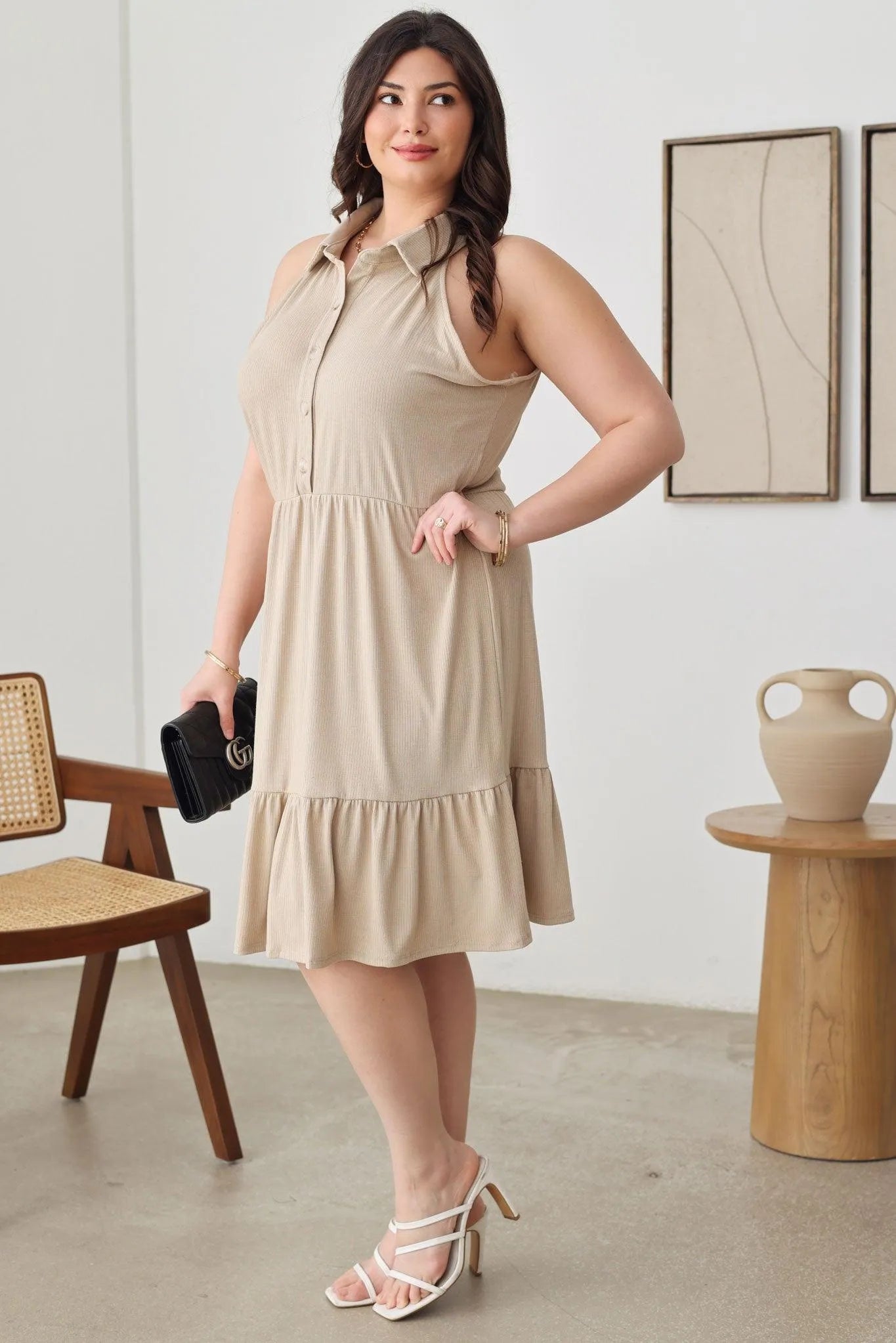 Plus Size Sleeveless Collared Skater Silhouette Midi Dress - Tasha Apparel Wholesale