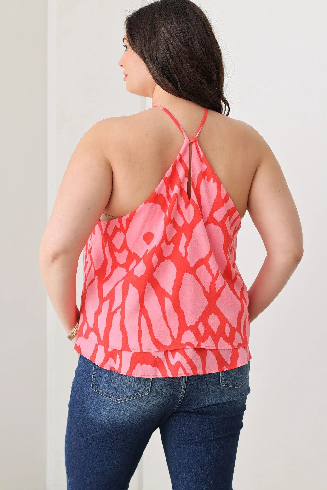 Plus Size Abstract Print Halter Ruffle Hem Top - Tasha Apparel Wholesale