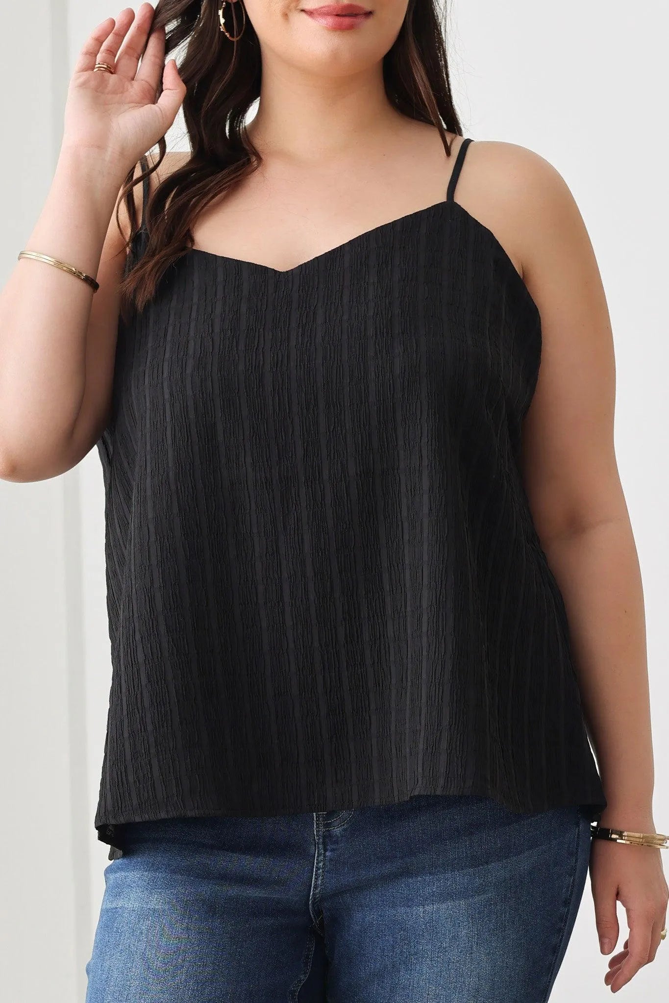 Plus Size Solid Textured Adjustable Shoulder Strap Top - Tasha Apparel Wholesale