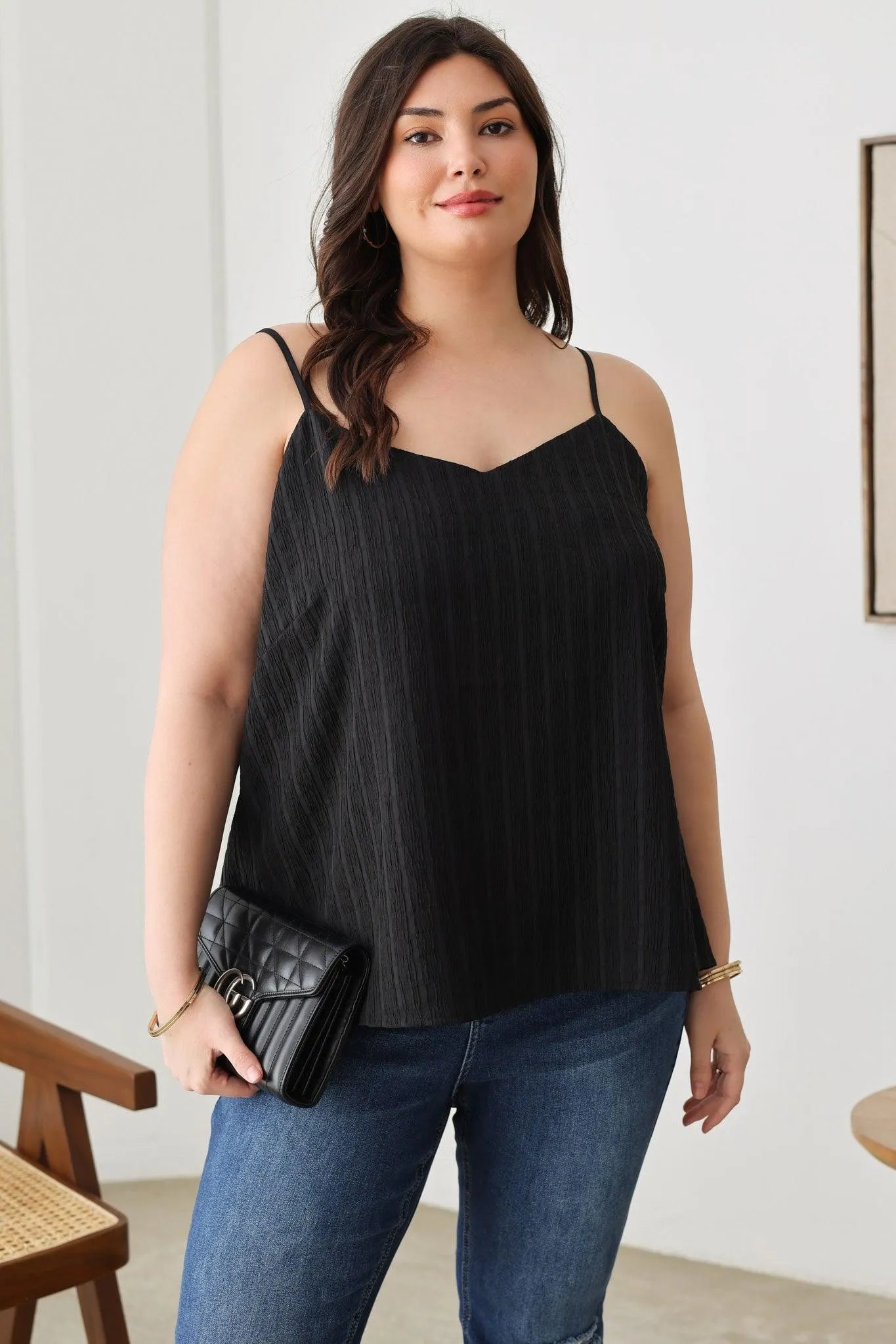 Plus Size Solid Textured Adjustable Shoulder Strap Top - Tasha Apparel Wholesale