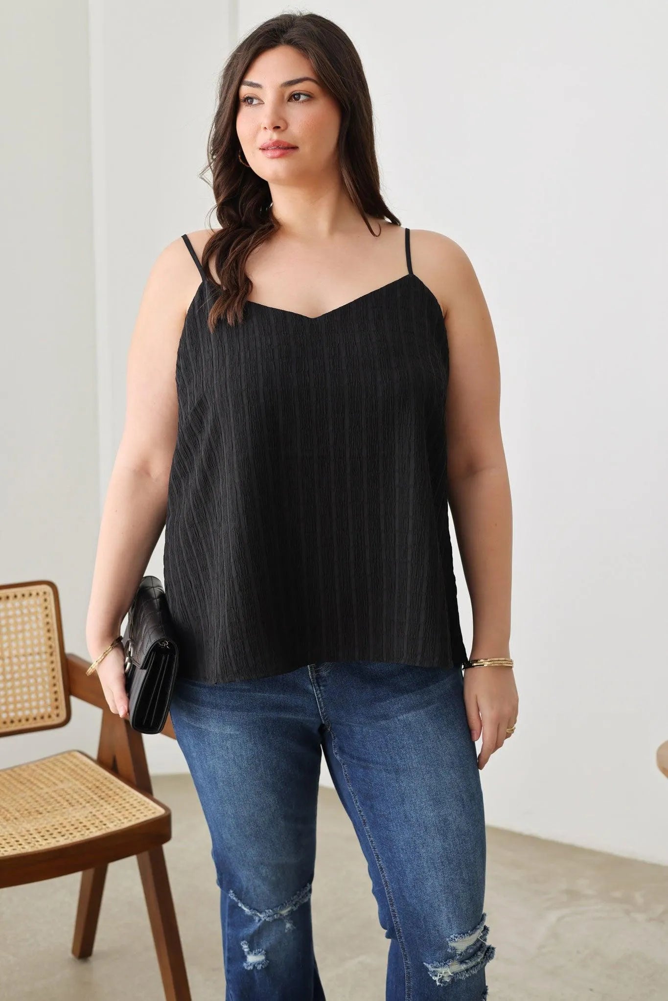 Plus Size Solid Textured Adjustable Shoulder Strap Top - Tasha Apparel Wholesale