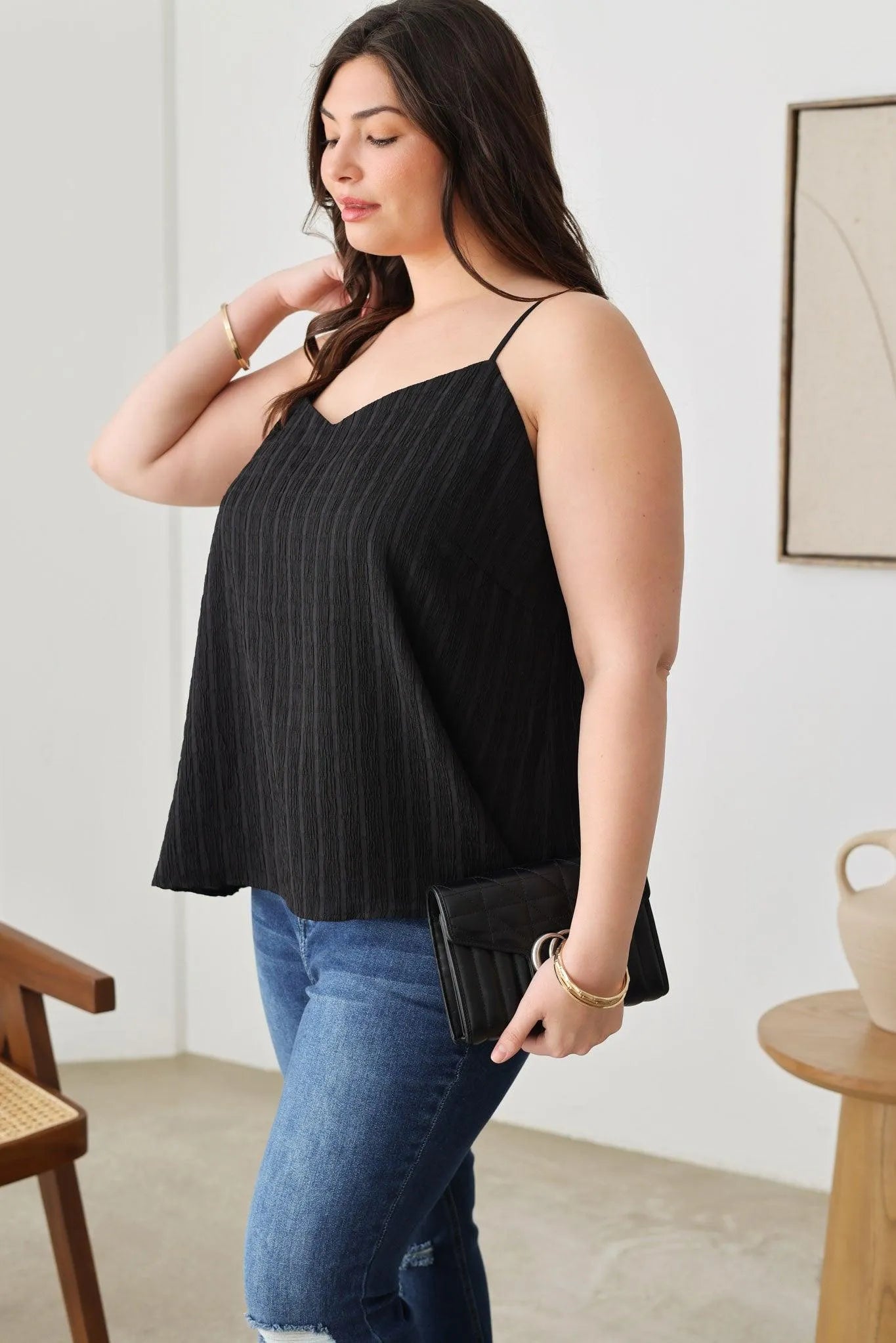 Plus Size Solid Textured Adjustable Shoulder Strap Top - Tasha Apparel Wholesale